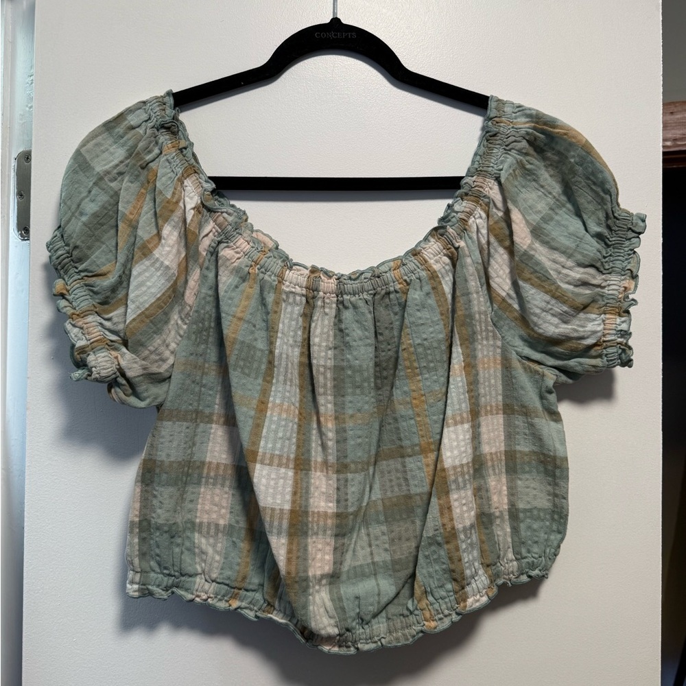 American Eagle Outfitters Sage Plaid Off-Shoulder Smocked Crop Top